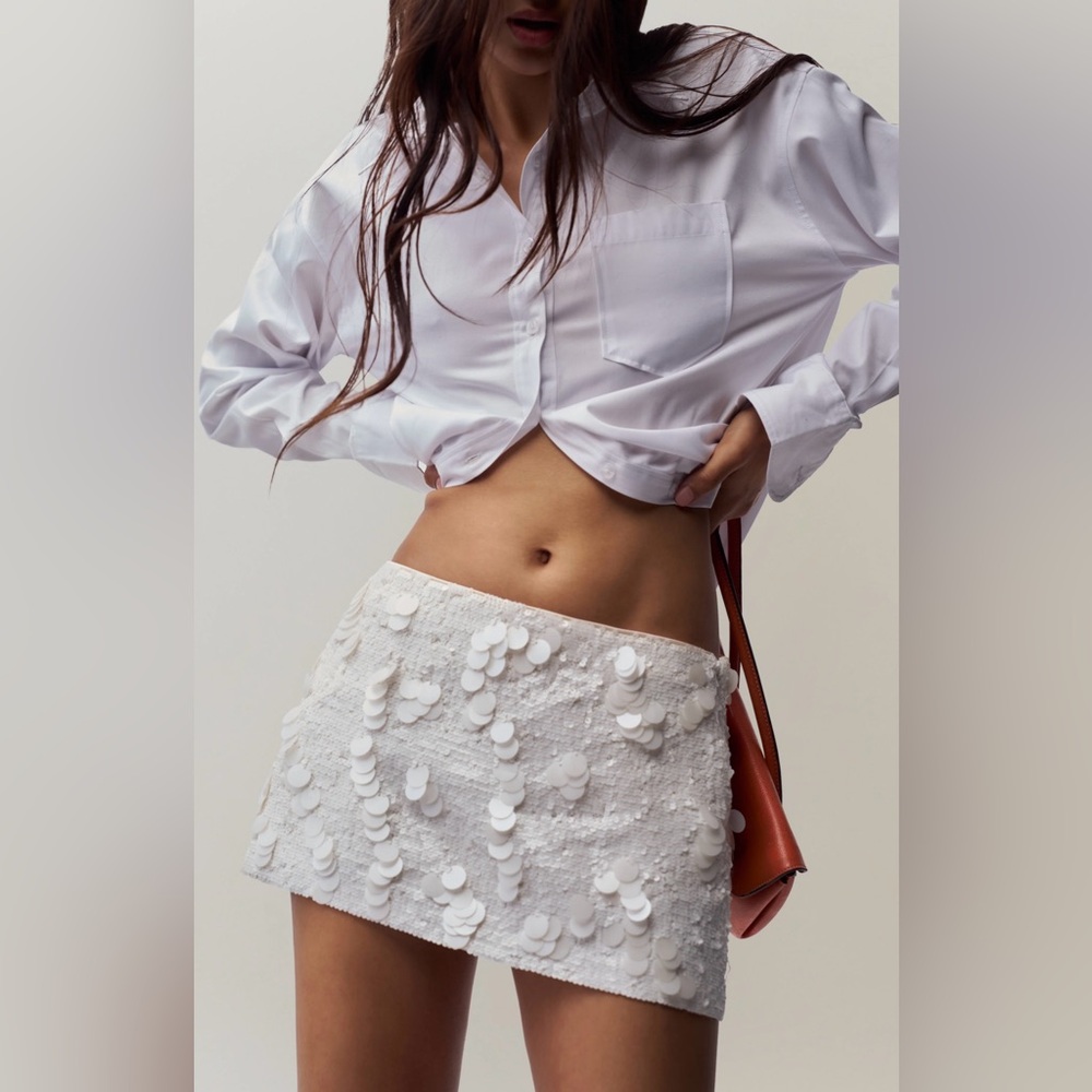 Danielle Guizio Low Rise Paillette Skirt in Seashell White - Size Small